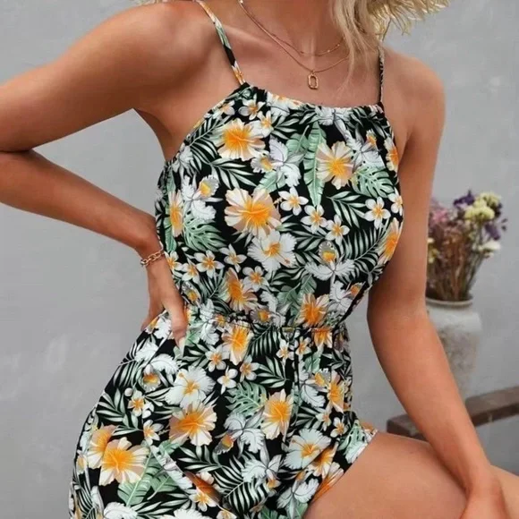 Floral Print Cami Romper Jumpsuit, Casual‎ Sleeveless Romper ,XXL - Picture 4 of 6